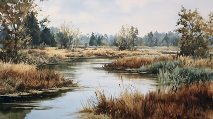 Serene autumn marsh landscape with winding river and golden foliage