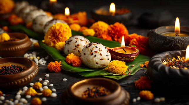 Pitru Paksha Ritual Pind Daan with Rice Balls, Marigold Flowers, Diyas, and Sacred Offerings for Ancestors Soul Peace and Hindu Worship