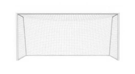 Detailed front view of a white soccer goal with black net isolated on transparent background