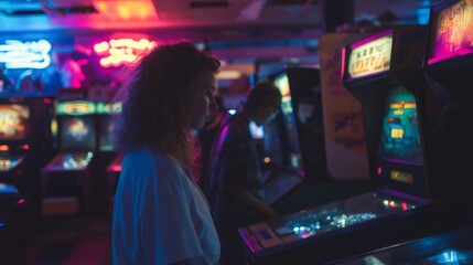 Young woman concentrating while playing pinball in a vintage arcade full of colorful neon lights, creating a nostalgic and entertaining atmosphere