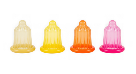 Four colorful ribbed condoms displayed in a row isolated on transparent background