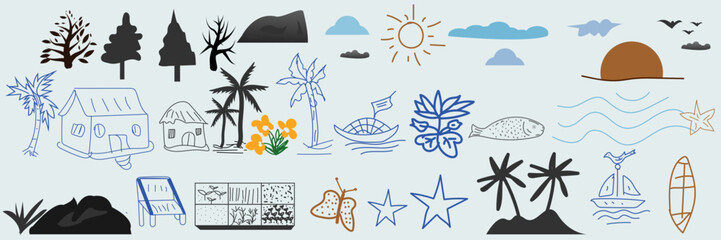 Obraz premium vector illustration of a set of summer symbols
