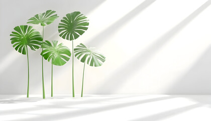 Minimalist White Room with Sunlit Monstera Leaves