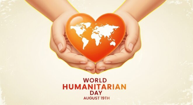 Hands cupping an orange heart with world map for world humanitarian day august 19th