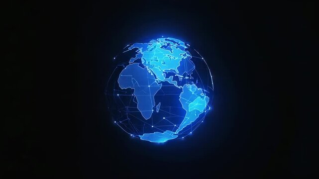 Animated globe with data processing and connections on black background. Concept of global science, computing, and digital networks - Powered by Adobe
