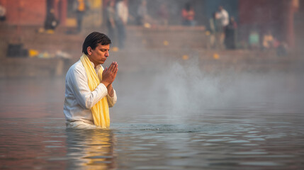 Devotee standing in holy river performing Pitru Paksha rituals with folded hands in prayer, honoring ancestors with spiritual devotion and sacred offerings