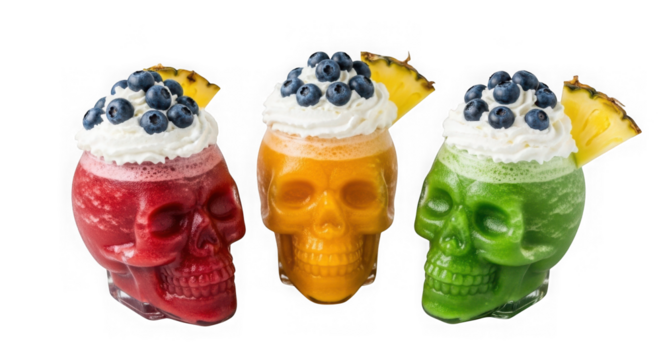 Three colorful skull shaped glasses filled with drinks and topped with whipped cream and blueberries isolated on transparent background
