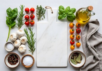 Culinary background featuring fresh Mediterranean cooking ingredients, including tomatoes, garlic, basil, rosemary, and olive oil, arranged around a white marble cutting board.