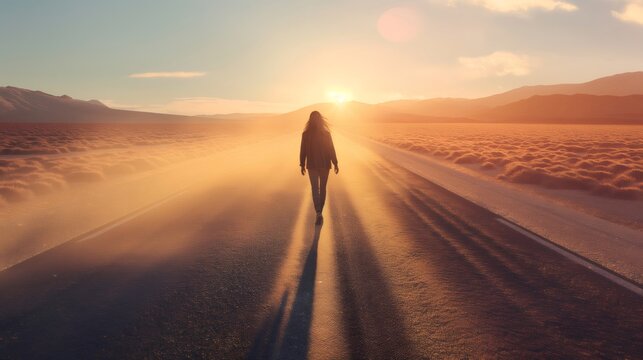 Young woman walking alone on a long straight desert road at sunset with the sun low on the horizon, beautiful golden light and dust and sand blowing across the road