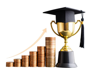 Front View Graduation Cap with Rising Bar Graph and Award, Isolated on Transparent Background.