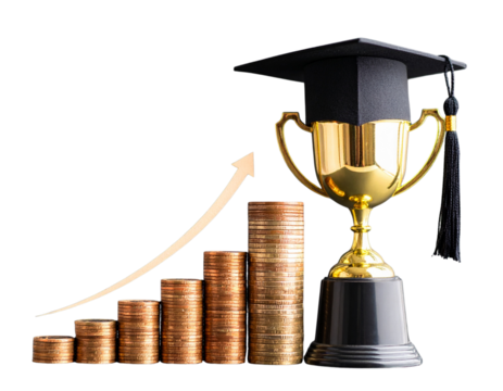 Front View Graduation Cap with Rising Bar Graph and Award, Isolated on Transparent Background.