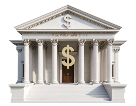 Front View Bank Building with Dollar Sign, Isolated on Transparent Background.
