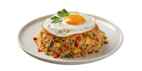 Delicious fried rice dish topped with a sunny side up egg isolated on transparent background