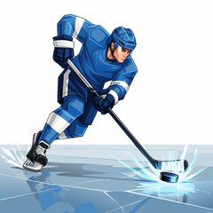 Obraz premium Hockey player in blue uniform skating on ice while hitting puck in action pose
