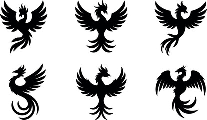 Fototapeta premium Collection of six stylized black silhouette phoenix bird designs in various poses