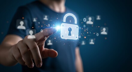 Person activating secure digital network with virtual padlock for cybersecurity protection