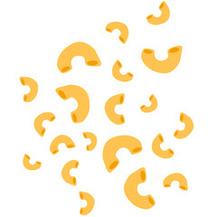 Vector illustration of scattered elbow macaroni pasta isolated on a white background. Flat design graphic element for cooking and food concepts.