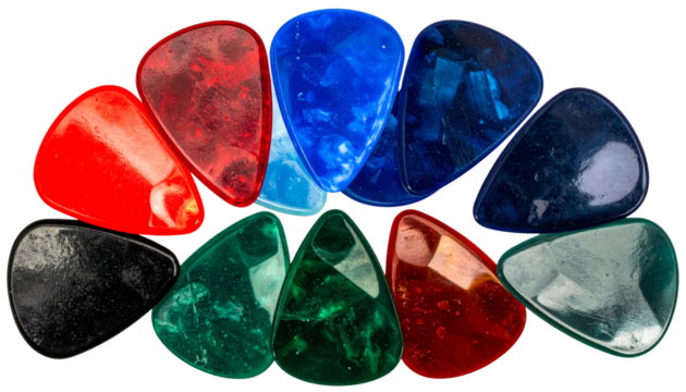 Assorted Guitar Picks Displayed in Curved Formation, Transparent Background PNG