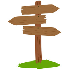 Rustic wooden signpost with blank arrows for direction, choice, or guidance. Hand-drawn illustration symbolizing a crossroads or journey.