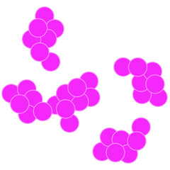 Minimalist graphic illustration of pink spherical particle clusters isolated on a white background, symbolizing science or modern design.
