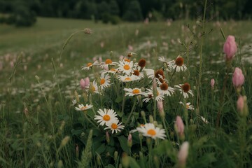 Close-up of a cluster of white daisies with yellow centers blooming in a green meadow with soft pink flowers in the background