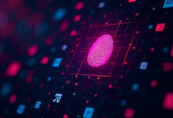 Colorful fingerprint pattern glowing with neon binary code, symbolizing biometric security, identity, encryption, and futuristic technology. Modern abstract digital artwork combining science.