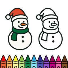 Cheerful snowman coloring page with Santa hat, scarf, and buttons. Perfect for kids’ Christmas coloring fun, holiday crafts, festive decorations, and winter-themed art projects.