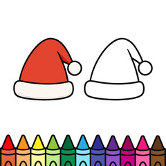 Fun Santa hat coloring page featuring two festive hats, one already colored red and one blank, ready for kids to color. Includes a colorful crayon palette at the bottom for creativity.