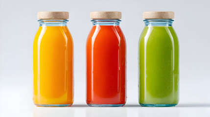 Vibrant trio of fresh cold-pressed juices in clear glass bottles, perfect for healthy lifestyle branding and wellness.