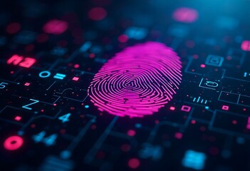 Colorful fingerprint pattern glowing with neon binary code, symbolizing biometric security, identity, encryption, and futuristic technology. Modern abstract digital artwork combining science.
