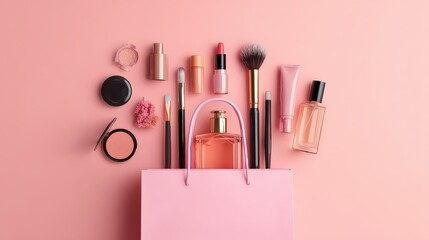 cosmetic and perfume female products accessories promotion offer with sale tag beauty makeup fashion items objects set with shopping bags on pink table background flat lay top view above no logos no