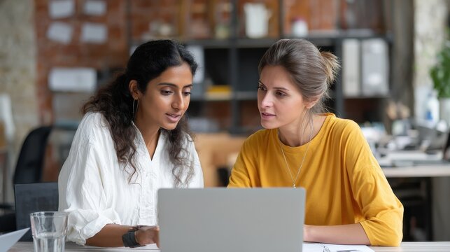 professional indian teacher executive or mentor helping latin student new employee teaching intern explaining online job using laptop computer talking having teamwork discussion in office no logos no - Powered by Adobe