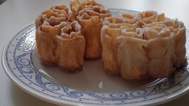 Crispy flor frita, traditional Spanish sweet pastry.