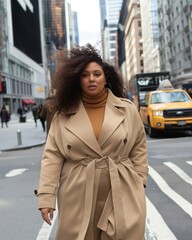 Fototapeta premium Confident plus size model is strolling through the bustling streets of new york city. Showcasing her impeccable style in a trendy trench coat and turtleneck. Embodying urban chic and body positivity