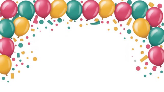 Colorful balloons and confetti archway isolated on transparent background