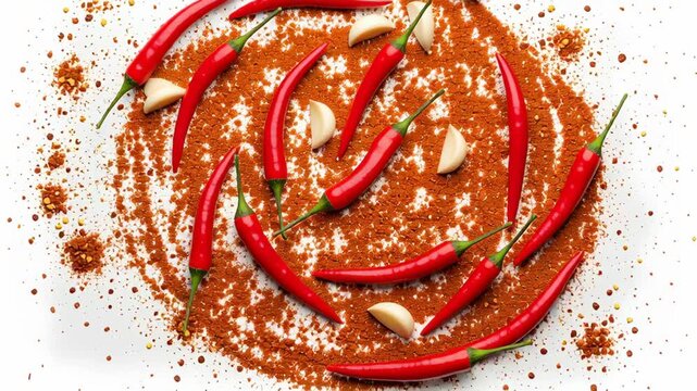 Fresh Red Chili Peppers with Garlic and Spices on White Background for Spicy Food Preparation