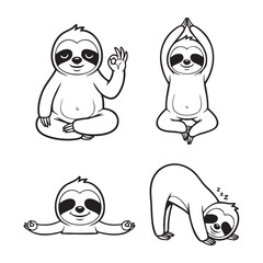 Vector art of cute sloth doing yoga poses, showcasing relaxation and flexibility in a charming and whimsical cartoon style illustration