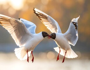 Obraz premium Two gulls in flight, facing each other
