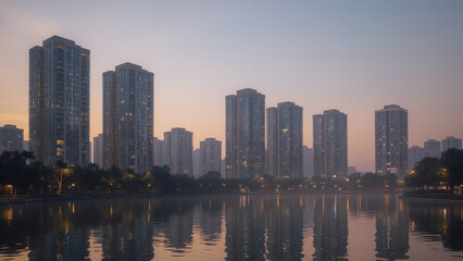 Fototapeta premium Dramatic City Skyline at Dusk with High-Rise Buildings Reflected in a Serene Lake and a Vibrant Sunset