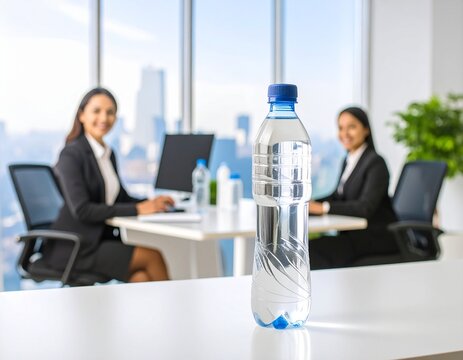 Corporate wellness and hydration concept with a plastic bottle of pure water on a desk in a modern office with professionals.
