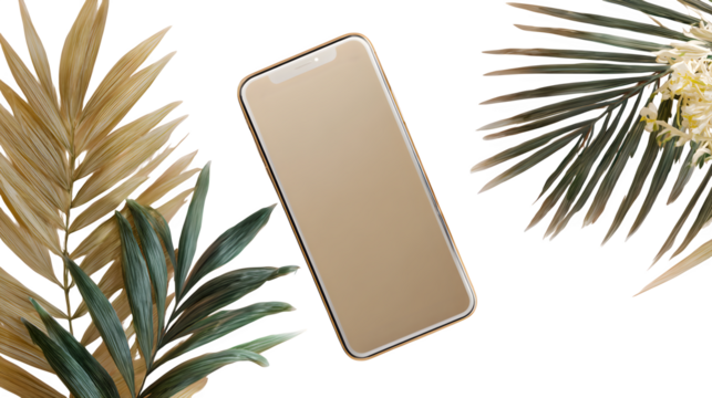 Smartphone with Palm Leaves, isolated on transparent background