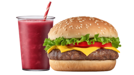 Cheeseburger with lettuce tomato and beef patty isolated on transparent background with red drink