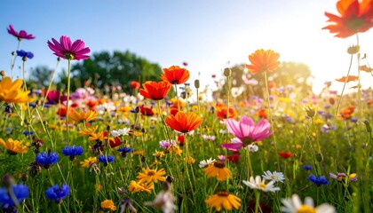 Vibrant wildflower meadow bathed in sunlight