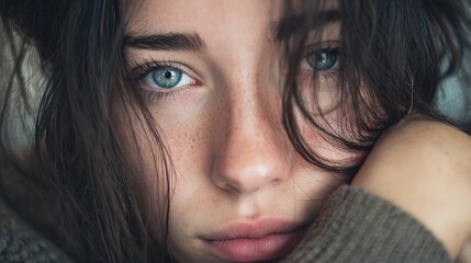 closeup sad young woman with worried stressed face expression obsessive compulsive adhd anxiety disorders no logos no brands ar 169