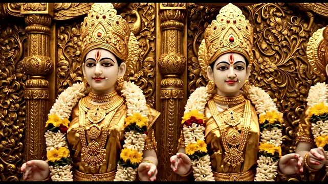 Divine Splendor: A Serene Pan Across Ornate Golden Hindu Deities Adorned with Fresh Flower Garlands