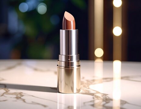 Close-up of a luxurious nude lipstick in an elegant tube on a marble vanity. A symbol of glamour and sophisticated beauty products.