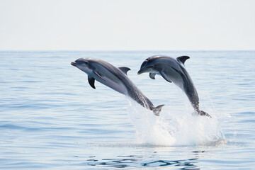Two dolphins leap out of the ocean water with splashes against a light blue sky and horizon line