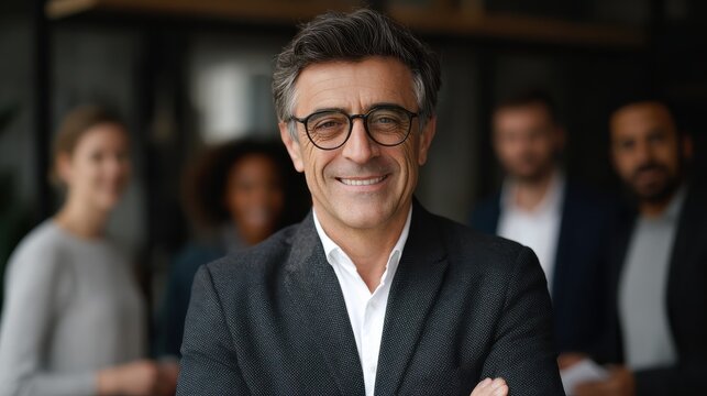 smiling confident mature businessman leader looking at camera standing in office at team meeting male corporate leader ceo executive manager wearing glasses posing for business portrait arms folded n