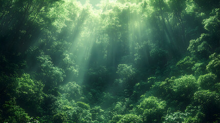 Obraz premium Sunlight Piercing Dense Forest Canopy, Creating Dramatic Light B