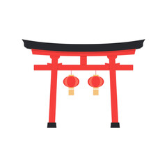 Traditional Japanese Torii Gate with Hanging Chinese Red Lanterns Vector Illustration PNG